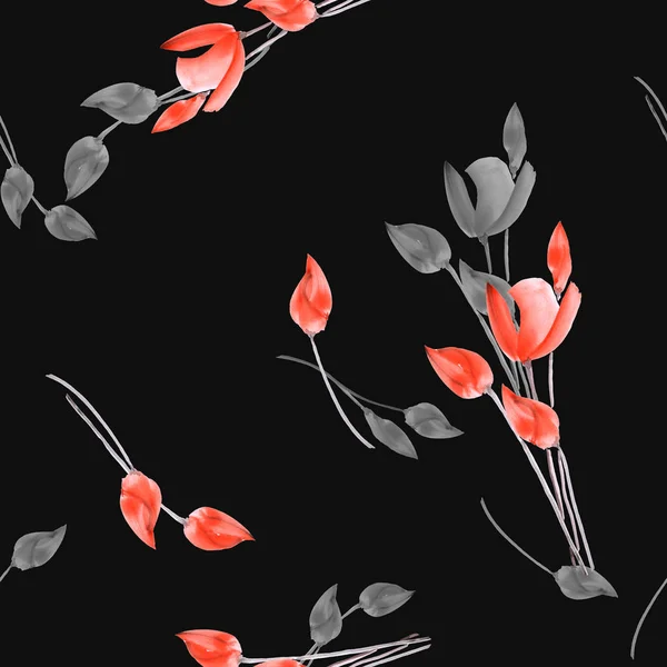 Modèle sans couture de tulipes aquarelle avec des fleurs rouges et grises sur le fond noir. Aquarelle — Photo