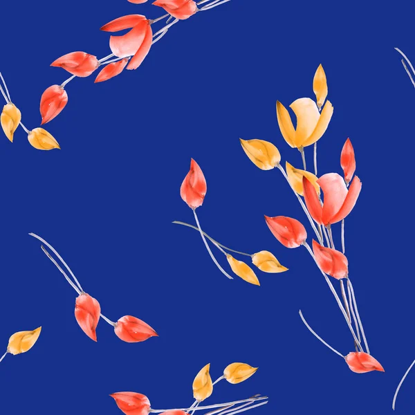 Wzór z akwarela tulipany, żółte i czerwone kwiaty na błękitnym tle — Zdjęcie stockowe