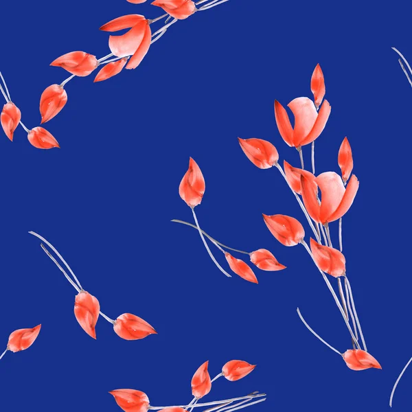 深い青色の背景の赤い花を水彩のチューリップのシームレス パターン — ストック写真