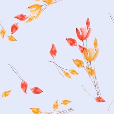 Sulu Boya Lale açık mavi renkli sarı ve kırmızı çiçekler ile Seamless Modeli