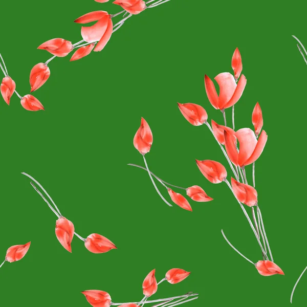 深いグリーンの背景に赤い花を水彩のチューリップのシームレス パターン — ストック写真