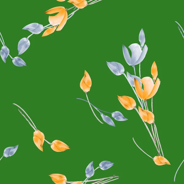 Seamless pattern of watercolor tulips with yellow and gray flowers on a deep green background — Stock Photo, Image