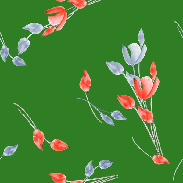 Безшовний візерунок акварельних тюльпанів з червоними і синіми квітами на глибокому зеленому тлі — стокове фото