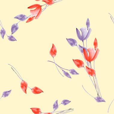 Suluboya Lale hafif Sarı zemin üzerine kırmızı ve mor çiçekler ile Seamless Modeli