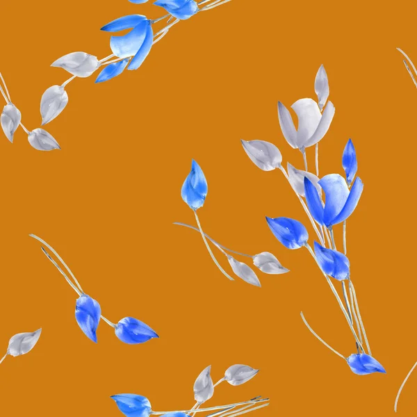Бесшовный рисунок акварельных тюльпанов с голубыми и серыми цветами на глубоком оранжевом фоне — стоковое фото