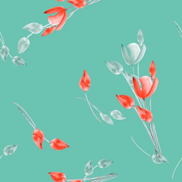 Бесшовный рисунок акварельных тюльпанов с красными и бирюзовыми цветами на глубоком бирюзовом фоне — стоковое фото