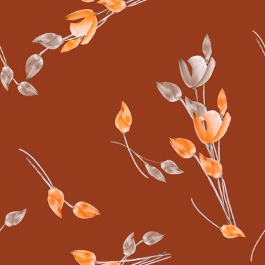 Suluboya laleler koyu kırmızı bir arka plan bej ve portakal çiçekleri ile Seamless Modeli