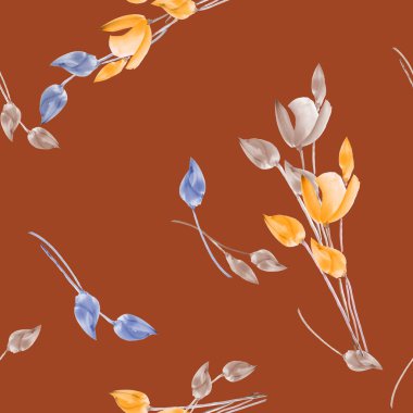 Suluboya laleler koyu kırmızı zemin üzerine sarı, bej ve mavi çiçekli seamless modeli