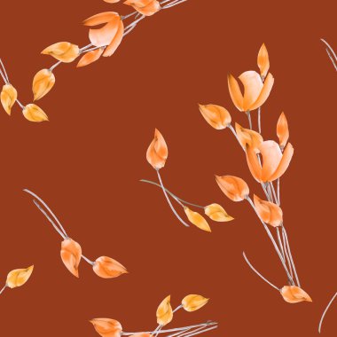 Suluboya laleler koyu kırmızı bir arka plan üzerinde turuncu çiçekler ile Seamless Modeli