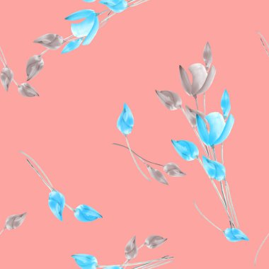 Hafif pembe bir arka plan üzerinde mavi ve bej çiçekli suluboya Lale seamless modeli