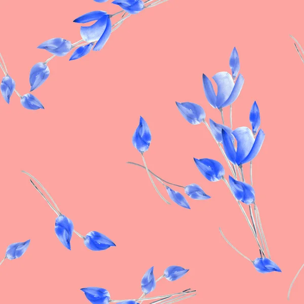 无缝模式的水彩郁金香有深粉红色的背景上的蓝色花朵 — 图库照片