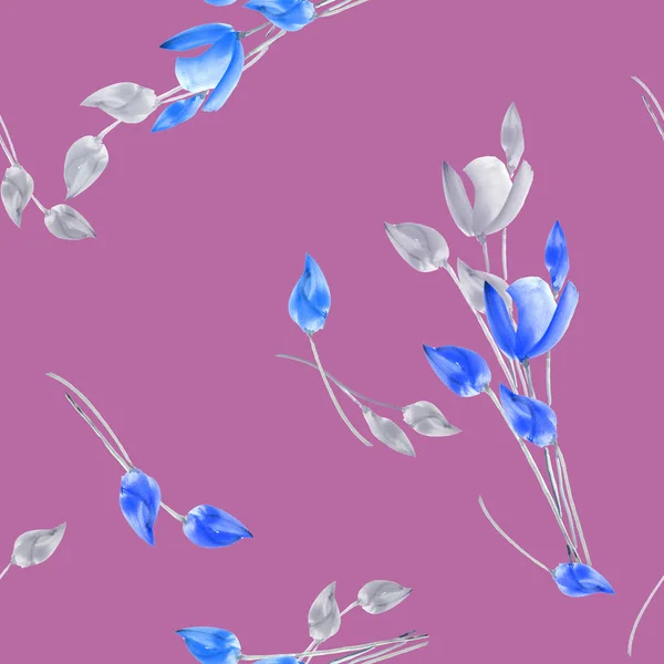 Seamless pattern of watercolor tulips with gray and blue flowers on a deep violet background — Stock Photo, Image