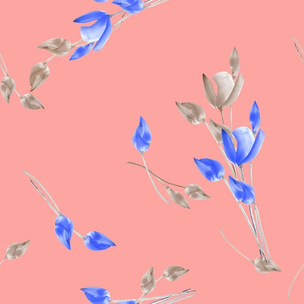Nahtloses Muster aus Aquarell-Tulpen mit blauen und beigen Blüten auf tiefrosa Hintergrund — Stockfoto