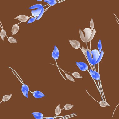 Çikolata bir arka plan üzerinde bej ve mavi çiçekli laleler seamless modeli. Suluboya