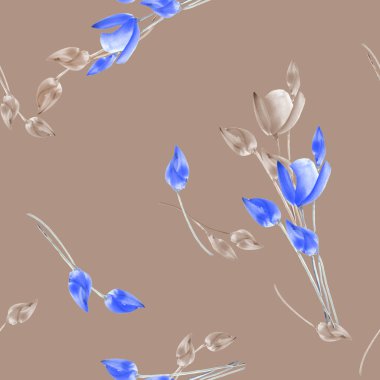 Lale derin deige arka plan bej ve mavi çiçekler ile Seamless modeli. Suluboya