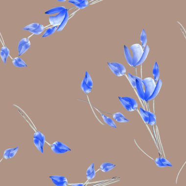 Lale derin bej renkli arka plan üzerinde mavi çiçekler ile Seamless modeli. Suluboya