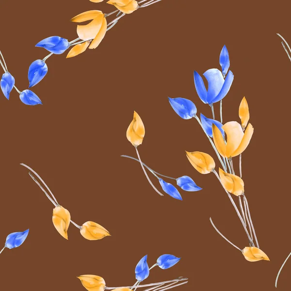 Çikolata bir zemin üzerine mavi ve Sarı çiçekli laleler seamless modeli. Suluboya — Stok fotoğraf