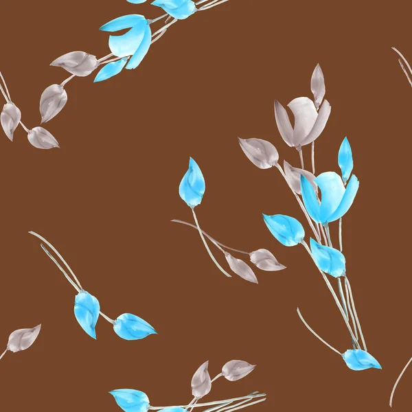Бесшовный рисунок тюльпанов с бежевыми и бирюзовыми цветами на шоколадном фоне. Акварель — стоковое фото
