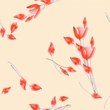 Hafif bej renkli arka plan üzerinde kırmızı çiçekli laleler seamless modeli. Suluboya