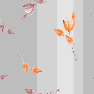Dikey çizgili gri bir arka plan üzerinde turuncu Lale seamless modeli suluboya