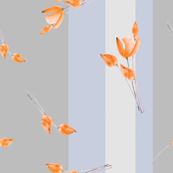 Nahtloses Muster Aquarell orangefarbener Tulpen auf grauem Hintergrund mit vertikalen grauen und violetten Streifen — Stockfoto