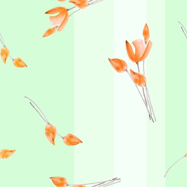 Dikey şeritler bir ışık yeşil zemin üzerine portakal Lale seamless modeli suluboya