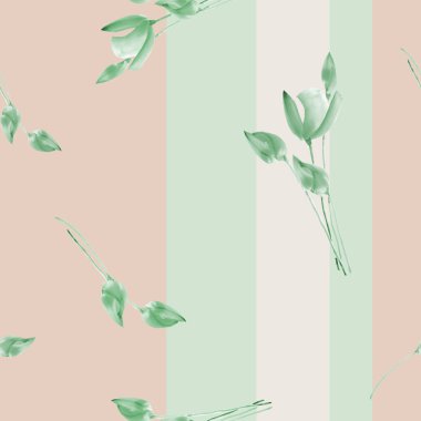 Dikey şeritler bej bir zemin üzerine yeşil Lale seamless modeli suluboya