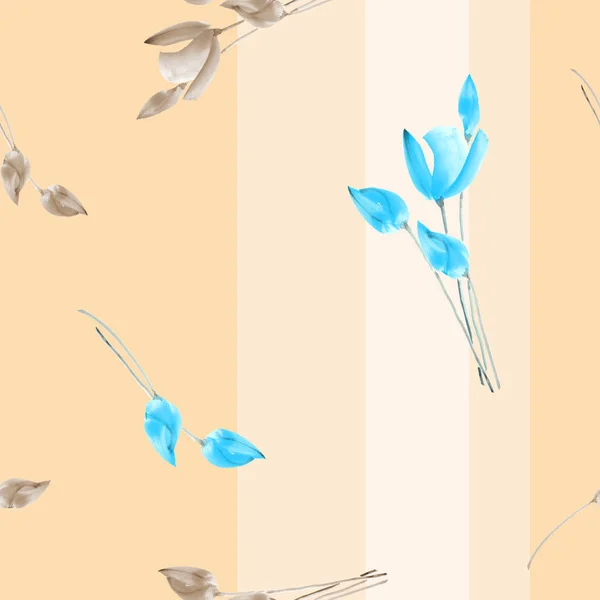 Naadloze patroon aquarel van blauwe tulpen op een licht beige achtergrond met verticale strepen — Stockfoto