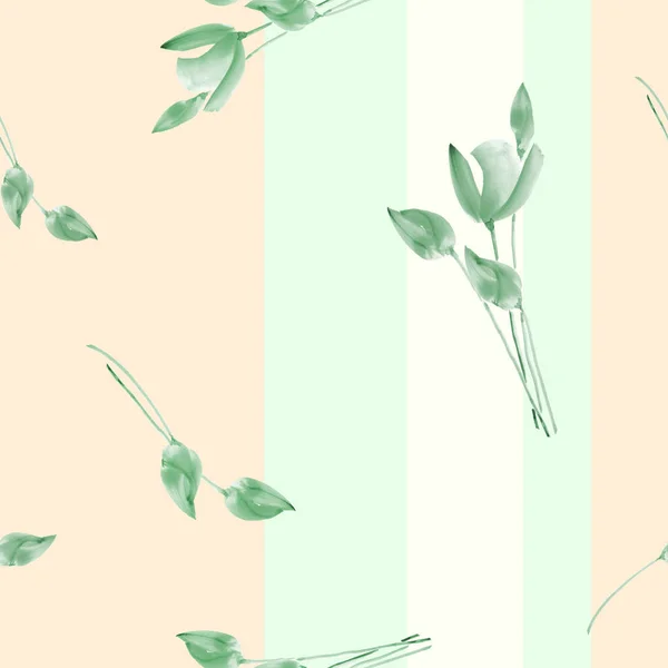 无缝模式幅水彩画的垂直条纹浅米色背景上的绿色郁金香 — 图库照片