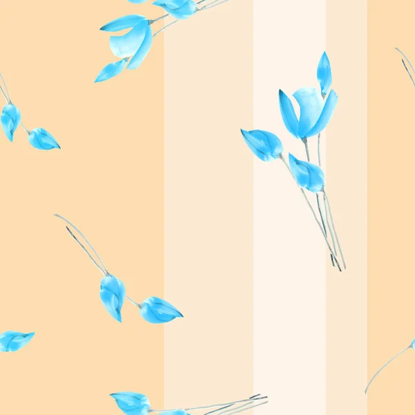 Seamless pattern watercolor of blue tulips on a light beige background with vertical stripes — Stock Photo, Image