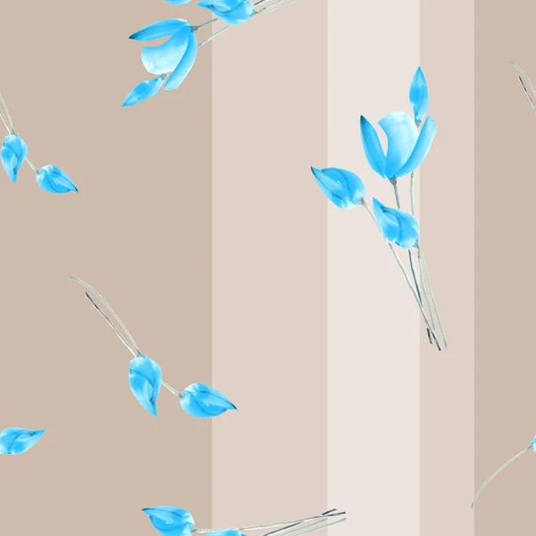 Akwarela bezszwowe wzór niebieski tulipanów na beżowym tle z pionowe paski — Zdjęcie stockowe
