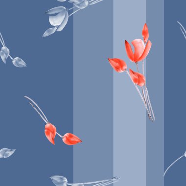 Dikişsiz desen suluboya dikey şeritler bir koyu mavi zemin üzerine kırmızı lale