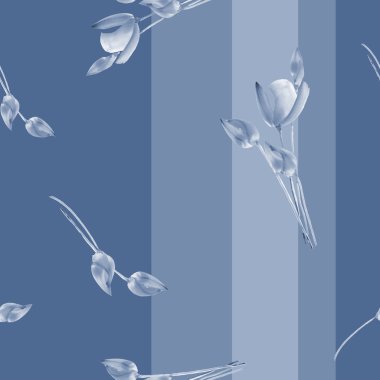 Dikişsiz desen suluboya, dikey şeritler bir koyu mavi zemin üzerine mavi Lale