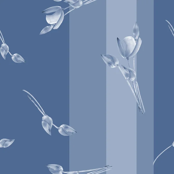 无缝模式幅水彩画的垂直条纹深蓝色背景上的蓝色郁金香 — 图库照片