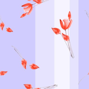 Dikişsiz desen suluboya dikey şeritler mor bir zemin üzerine kırmızı lale