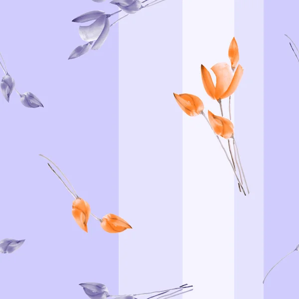 Безшовний візерунок акварель з помаранчевих тюльпанів на фіолетовому фоні з вертикальними смугами — стокове фото