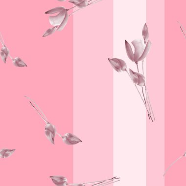 Dikey çizgili pembe bir arka plan üzerinde bej Lale seamless modeli suluboya