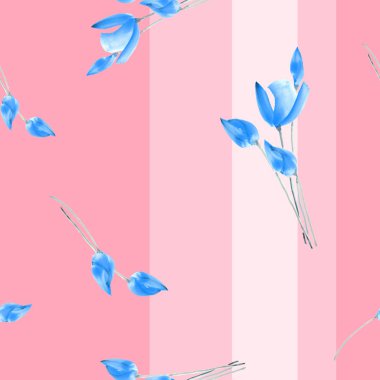 Dikişsiz desen suluboya, dikey şeritler pembe bir zemin üzerine mavi Lale