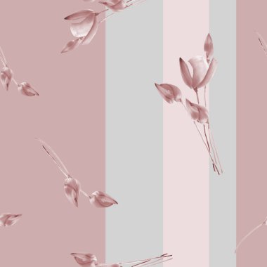 Dikey pembe ve gri şeritler ile derin pembe bir arka plan üzerinde bej Lale seamless modeli suluboya