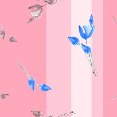 Dikişsiz desen suluboya blu Lale dikey çizgili pembe bir arka plan üzerinde
