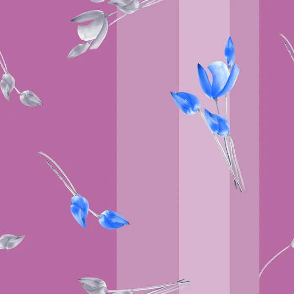 Безшовний візерунок акварель з синіх і сірих тюльпанів на глибокому фіолетовому фоні з вертикальними смугами — стокове фото