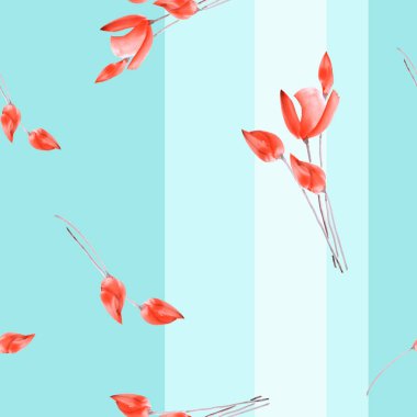 Dikişsiz desen suluboya dikey şeritler bir ışık mavi zemin üzerine kırmızı lale
