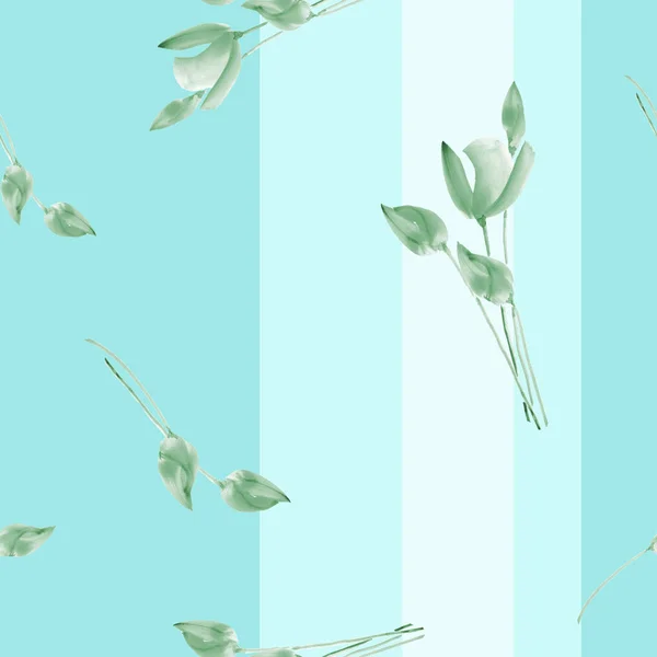 Nahtloses Muster Aquarell grüner Tulpen auf blauem Hintergrund mit vertikalen Streifen — Stockfoto