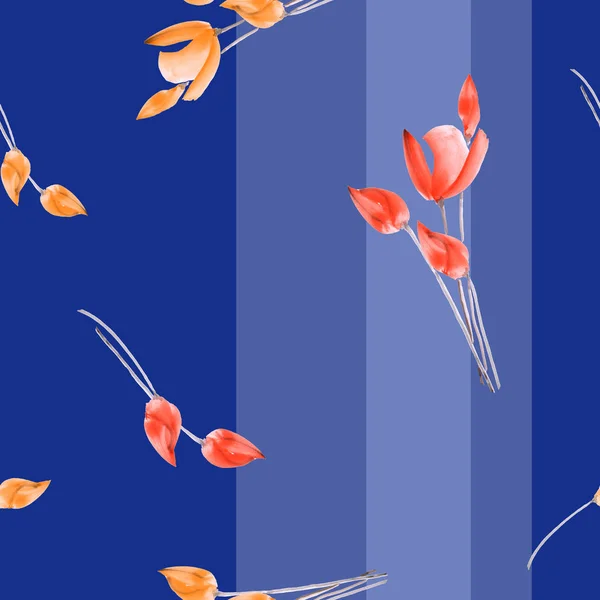 Безшовний візерунок акварель з червоних тюльпанів на темно-синьому фоні з вертикальними смугами — стокове фото