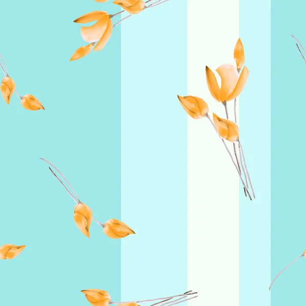 Безшовний візерунок акварель з помаранчевих тюльпанів на синьому фоні з вертикальними смугами — стокове фото