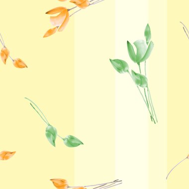 Turuncu ve yeşil Lale dikey şeritler bir ışık Sarı zemin üzerine Dikişsiz desen suluboya