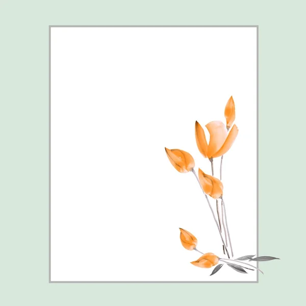 Dekoracje kwiatowe. Kartka urodzinowa. Akwarela kwitnących wiosną pomarańczowe tulipany na zielonym tle — Zdjęcie stockowe