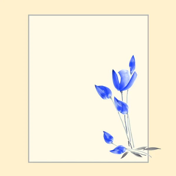 Décoration florale. Carte d'anniversaire. Aquarelle fleurs printemps tulipes bleues sur un fond beige clair — Photo