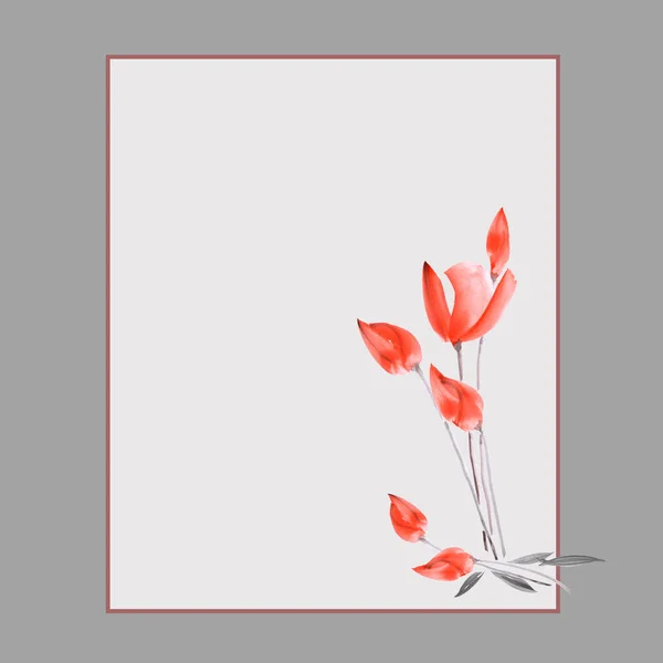 Dekoracje kwiatowe. Kartka urodzinowa. Akwarela kwitnących wiosną czerwone tulipany na szarym tle - 1 — Zdjęcie stockowe