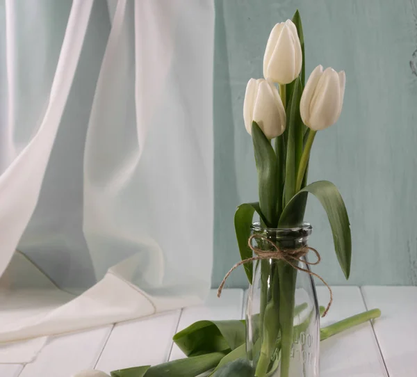 Tulipes blanches en bouteille en verre — Photo